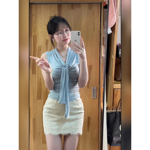 XZY 微胖韩系温柔气质无袖 领带上衣女25年夏季 御姐蕾丝包臀裙套装
