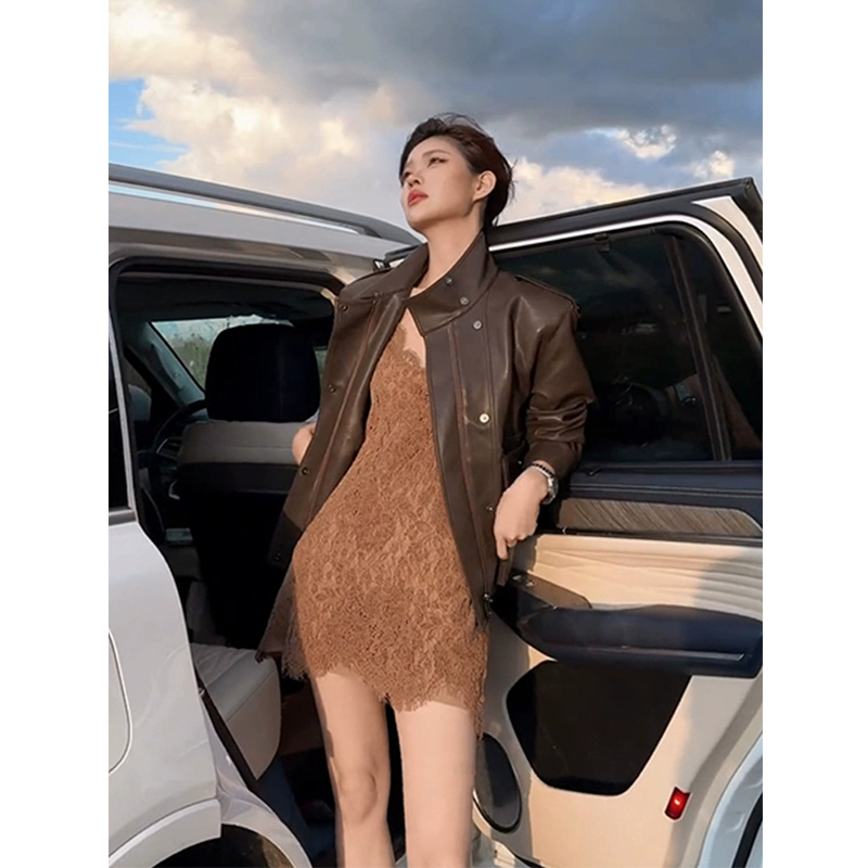 微胖复古美拉德咖色皮衣外套