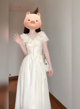 XZY/欣争艳 胖mm温柔风海边度假白色连衣裙女夏季荷叶领仙女长裙