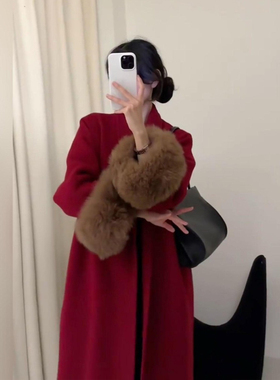 大码高级感富家千金新年红色毛呢外套女秋冬气质名媛毛毛袖口大衣