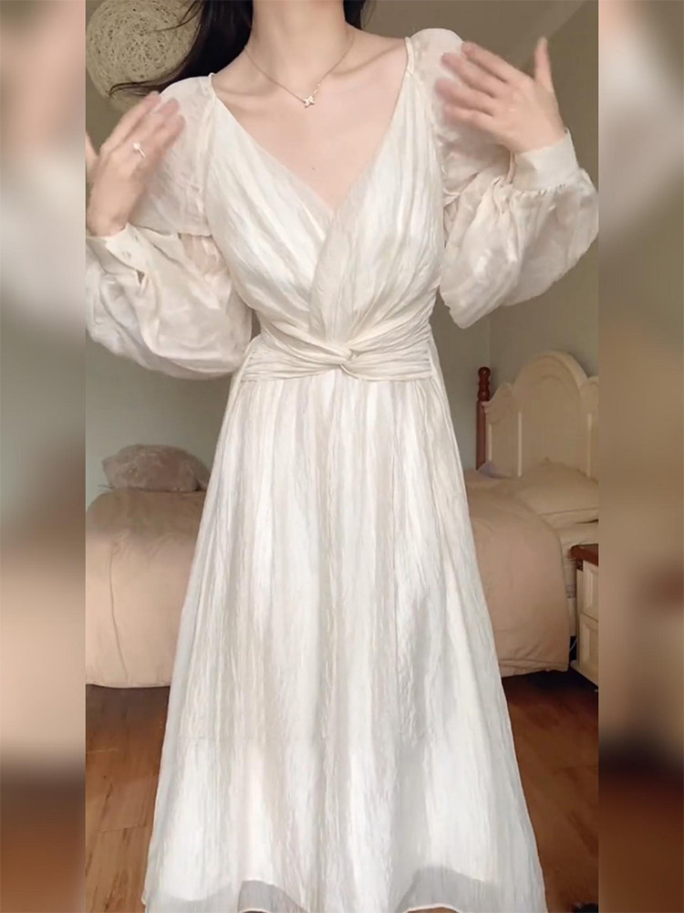 大码法式宫廷风气质雪纺连衣裙仙女春季遮肚显瘦v领绝美超仙长裙