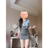 微胖通勤职场风修身 翻领衬衫 上衣女25年夏季 XZY 收腰包臀半裙套装