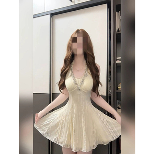 XZY 微胖甜辣千金风水钻蕾丝挂脖连衣裙女高级感收腰生日礼服短裙