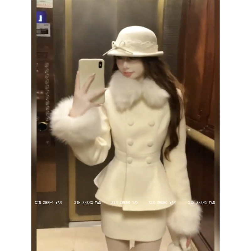 XZY/欣争艳 胖mm财阀千金收腰毛呢外套女气质小香风名媛半裙套装