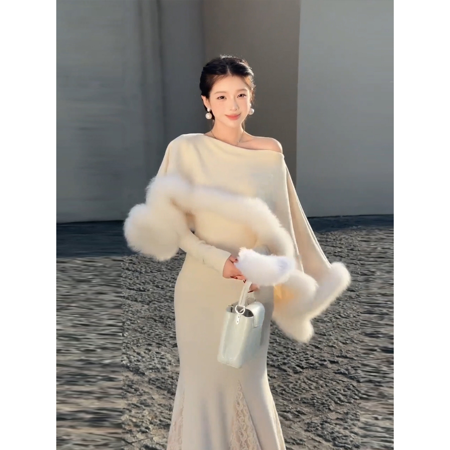 XZY 微胖法式名媛优雅斜肩斗篷连衣裙女25年冬季假两件蕾丝鱼尾裙