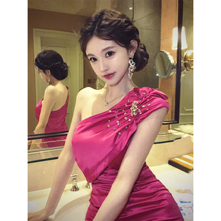 XZY 微胖轻奢名媛风重工钉钻斜肩连衣裙女高级感收腰宴会礼服短裙