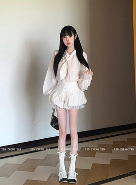 XZY 微胖甜美千金风系带白色长袖衬衫女25年夏高级感南瓜短裤套装