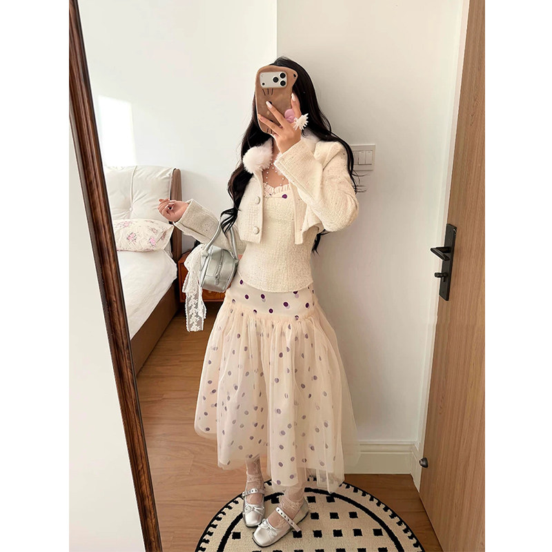 XZY 微胖韩系千金小香风内搭吊带短外套女25年冬季波点网纱蓬蓬裙,女装/女士精品,大码套装,淘宝优惠券,粉丝福利购,淘宝优惠卷