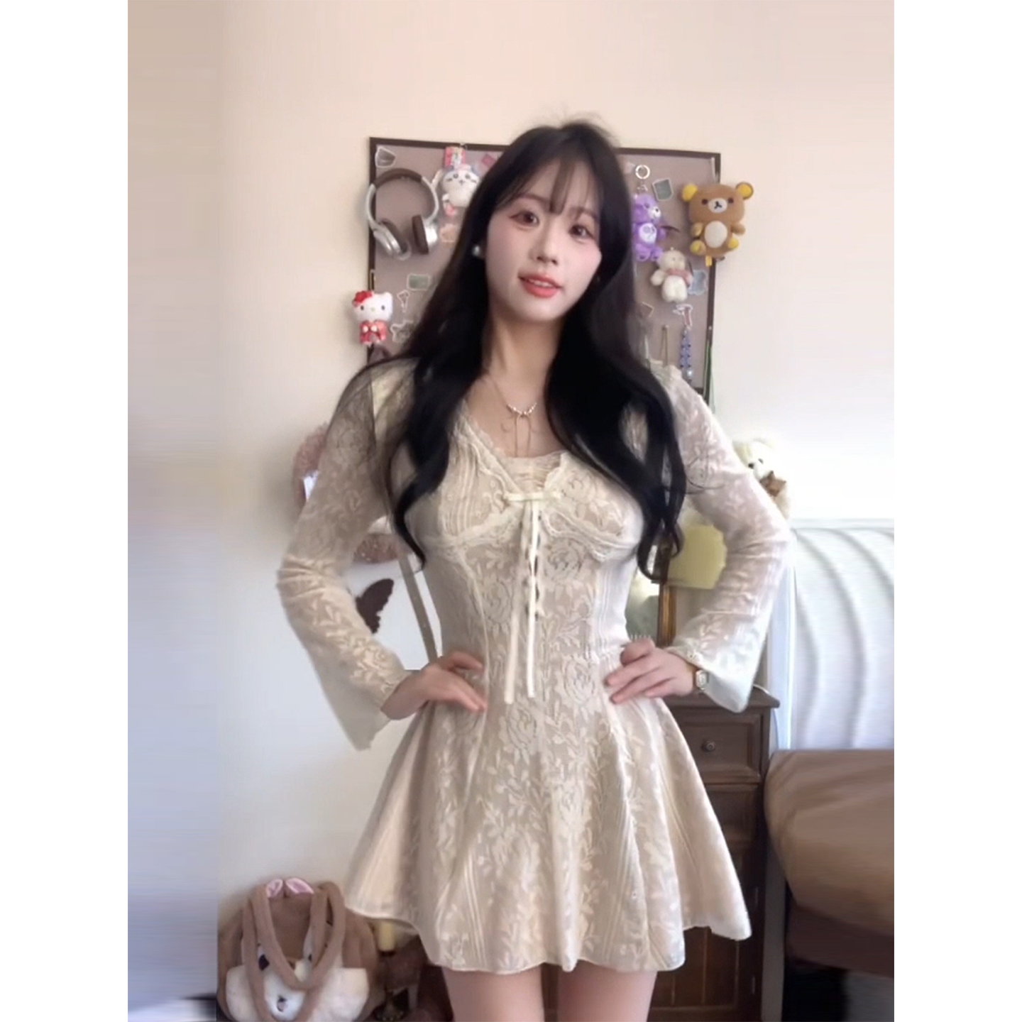 微胖韩系纯欲风蕾丝长袖连衣裙