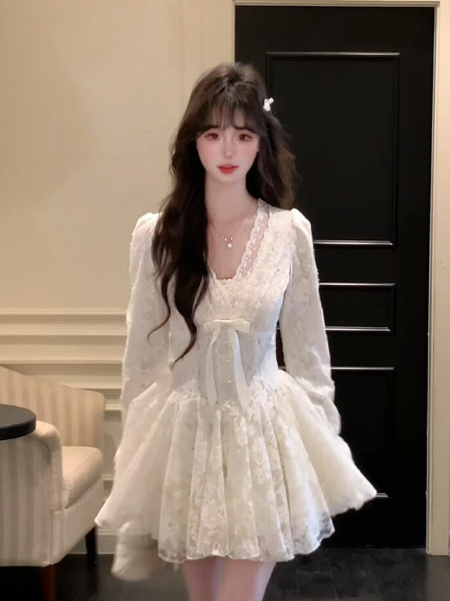 thumbnail for XZY Chubby French Sweet Daughter Lace Waist Dress Women's 25th Winter Birthday Princess Puffy Short Dress