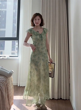 XZY 微胖法式优雅绿色碎花小飞袖连衣裙女25年夏气质收腰度假长裙
