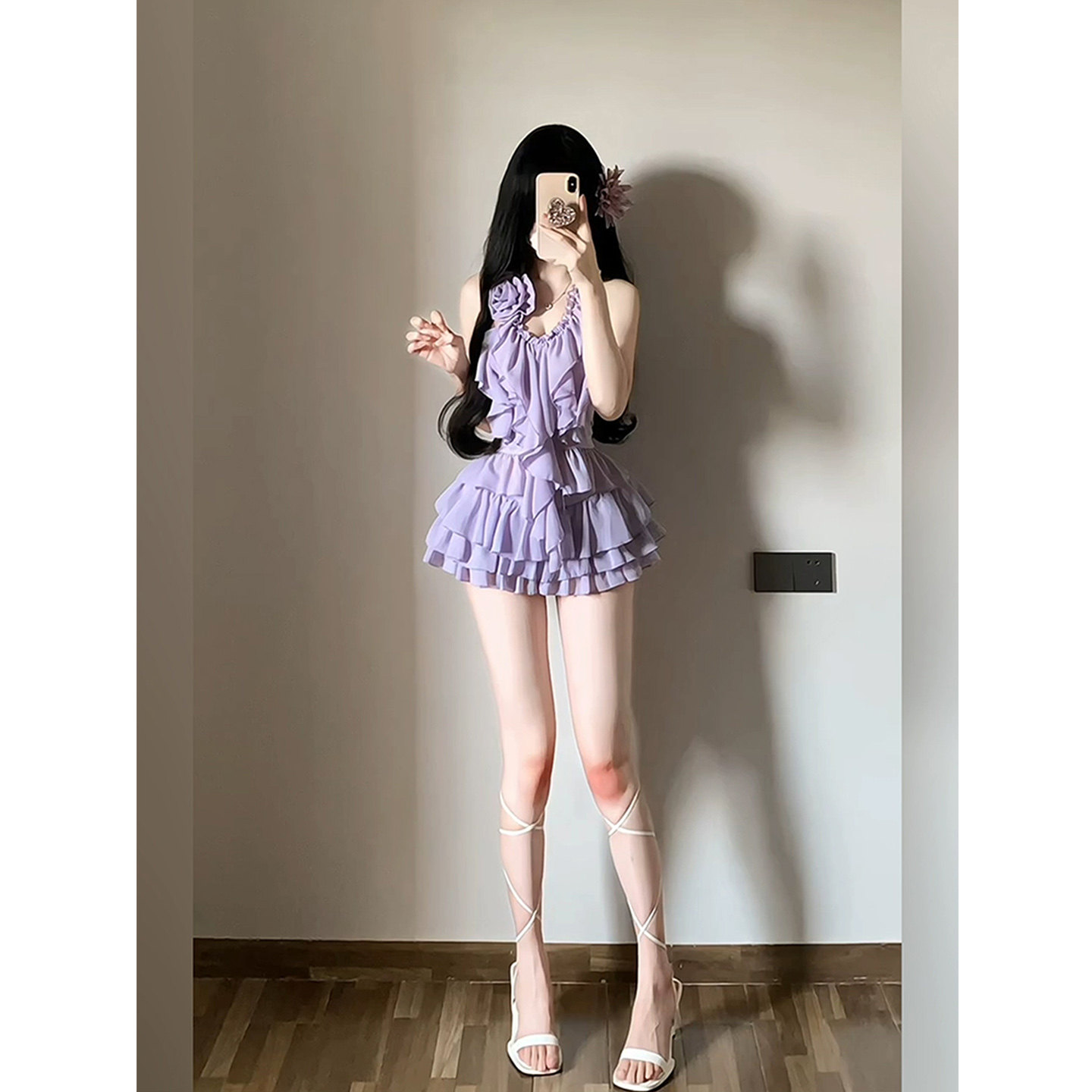 XZY 微胖纯欲风性感荷叶边挂脖背心女25年夏季绝美紫色蛋糕裙套装,女装/女士精品,大码套装,淘宝优惠券,粉丝福利购,淘宝优惠卷