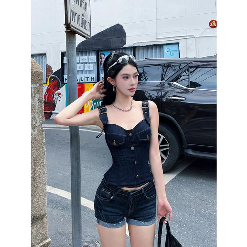 微胖mm复古辣妹牛仔鱼骨胸衣