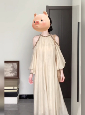 XZY/欣争艳 胖mm高端法式露肩花边连衣裙女夏季宽松显瘦度假长裙