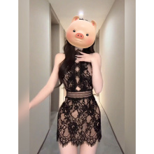 XZY 微胖纯欲性感无袖挂脖蕾丝连衣裙女25年夏季收腰御姐包臀短裙