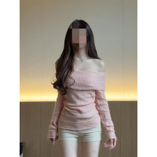 XZY 微胖纯欲温柔风一字肩粉色针织衫女25年冬季高腰短裤两件套装