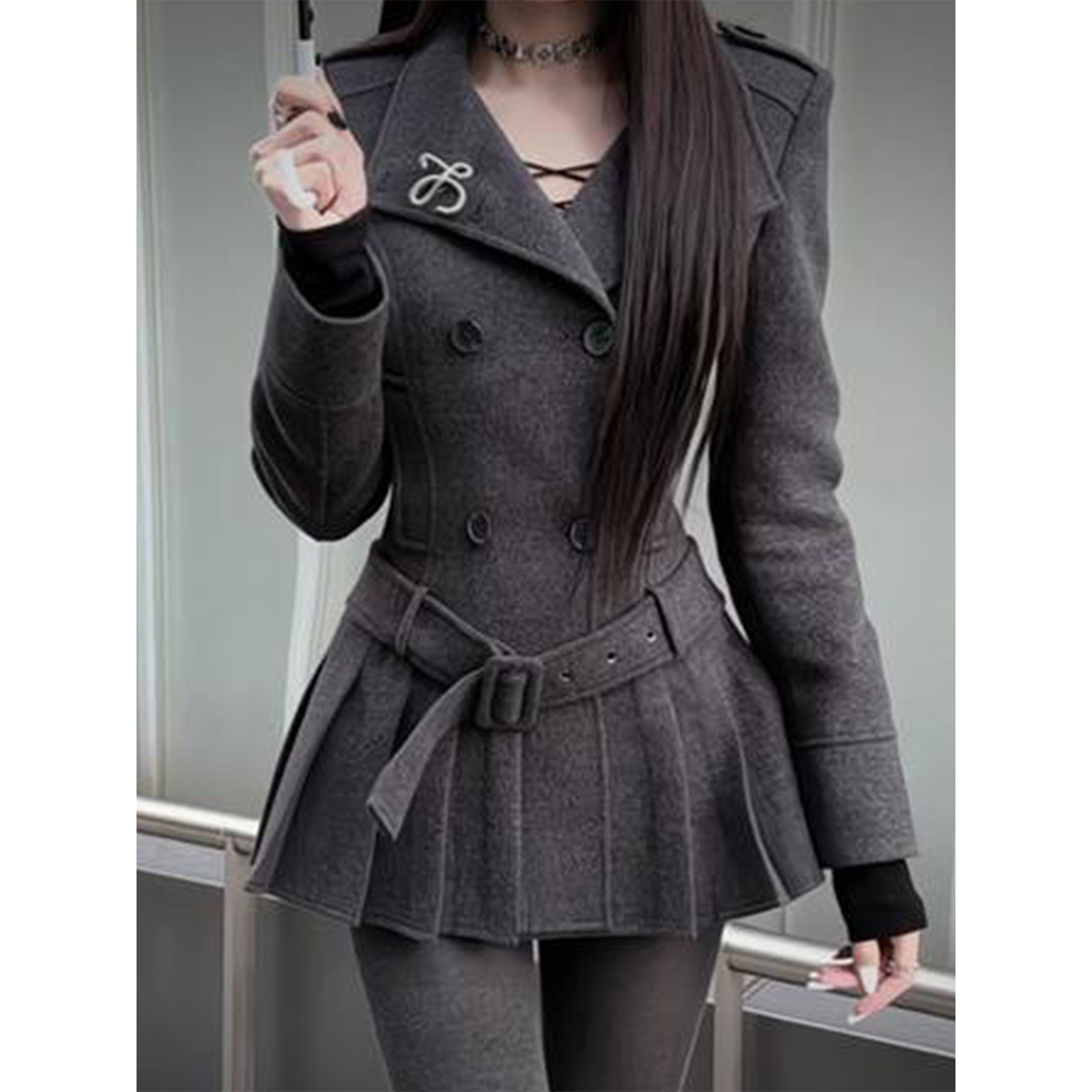 英伦风立领毛呢西装外套连衣裙