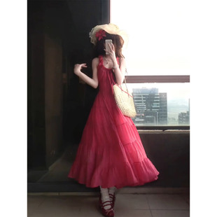 微胖多巴胺度假风露腰绑带吊带裙女25年夏季 XZY 绝美仙气大摆长裙