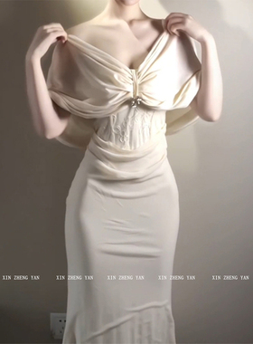 XZY/欣争艳 微胖mm法式纯欲高级感露肩连衣裙女春季收腰鱼尾长裙