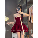 XZY 微胖mm甜辣风细闪红色抹胸连衣裙女新年穿搭花苞短裙 欣争艳