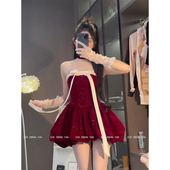 XZY 欣争艳 微胖mm甜辣风细闪红色抹胸连衣裙女新年穿搭花苞短裙