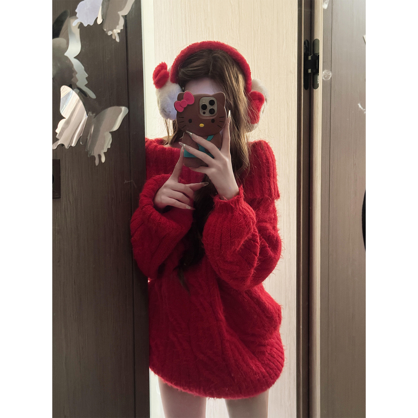 微胖甜辣妹红色一字肩翻领针织裙