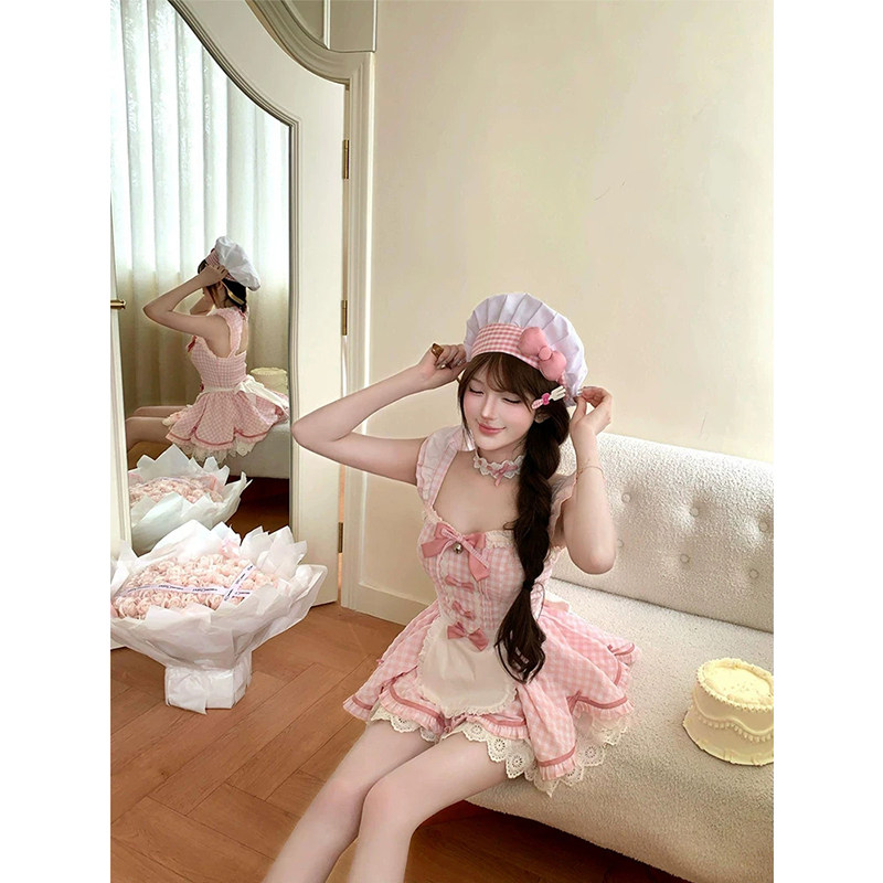 微胖甜美可爱粉色格纹女仆连衣裙