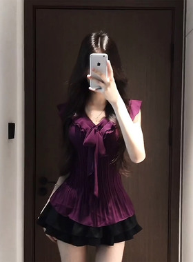 XZY 微胖纯欲风紫色荷叶边雪纺绑带上衣女25年夏季显瘦蓬蓬裙套装