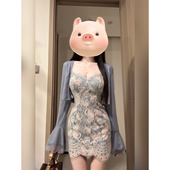 开衫 气质喇叭袖 蕾丝吊带连衣裙女25年秋季 套装 XZY 微胖御姐风修身