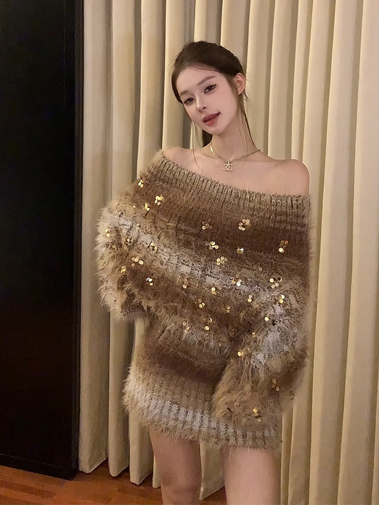 慵懒风软糯一字肩亮片收腰毛衣