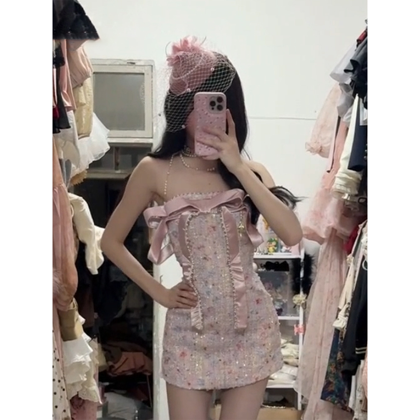 微胖甜美小香风蝴蝶结亮片连衣裙