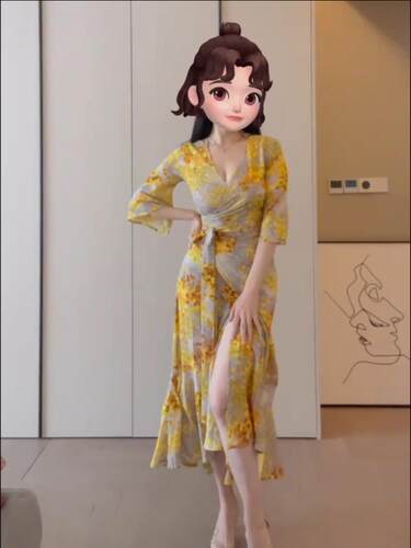 大码法式风情氛围感黄色碎花裙
