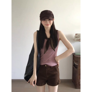 XZY 微胖古早韩系海军领条纹背心上衣女25年夏季 直筒高腰短裤 套装