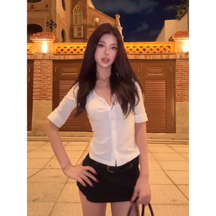 微胖辣妹风修身 polo衬衫 XZY 白色短袖 女25年夏低腰假两件裙裤 套装