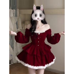 收腰圣诞新年蓬蓬裙 甜美蝴蝶结丝绒连衣裙女25年冬季 XZY 微胖法式