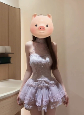 XZY 微胖纯欲甜美蕾丝提花收腰挂脖上衣女25年冬季网纱蓬蓬裙套装