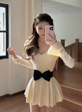 XZY 微胖名媛千金风蝴蝶结针织连衣裙女25年冬季内搭修身收腰短裙