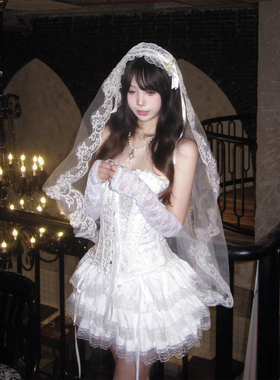 XZY 微胖纯欲浪漫系带鱼骨抹胸上衣女白色蕾丝蓬蓬蛋糕裙头纱套装