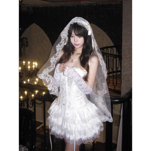XZY 微胖纯欲浪漫系带鱼骨抹胸上衣女白色蕾丝蓬蓬蛋糕裙头纱套装