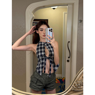 微胖纯欲辣妹镂空绑带挂脖背心女25年夏季 XZY 格纹露背设计感上衣