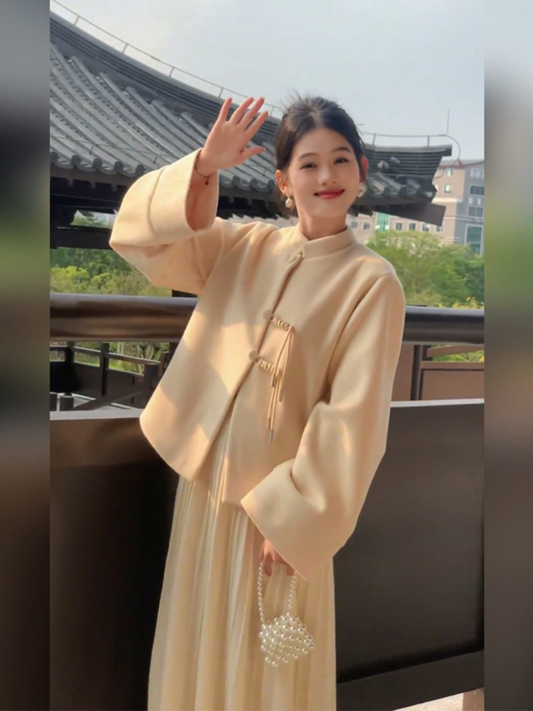 胖mm新中式轻国风高级感盘扣毛呢外套女秋冬温柔高腰半身裙两件套,女装/女士精品,大码套装,淘宝优惠券,粉丝福利购,淘宝优惠卷
