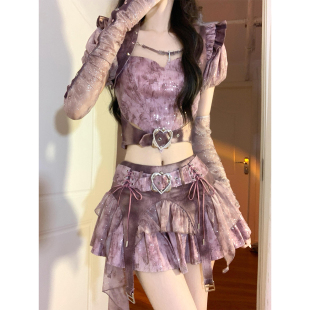 性感低腰短裙套装 XZY 微胖朋克风辣妹紫色晕染爱心吊带女25年夏季