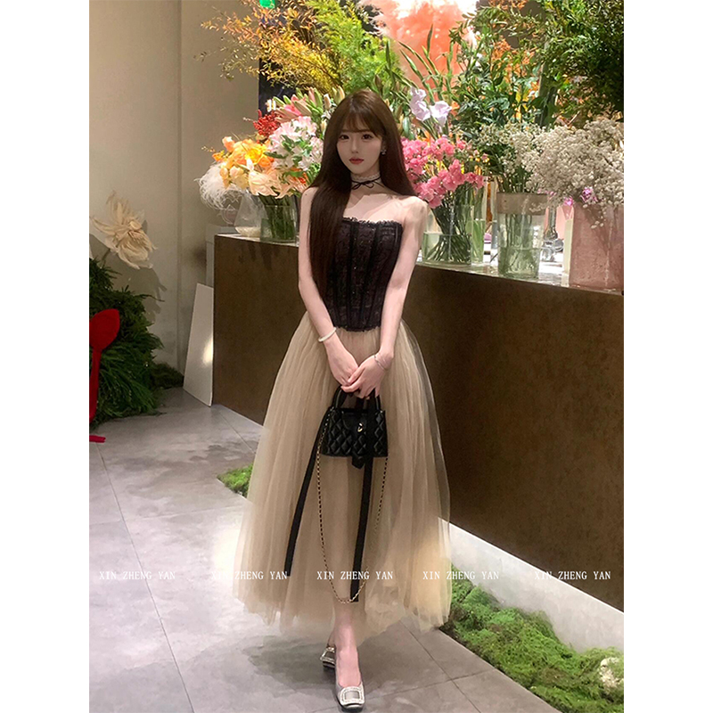 甜美公主风抽褶网纱长款半身裙