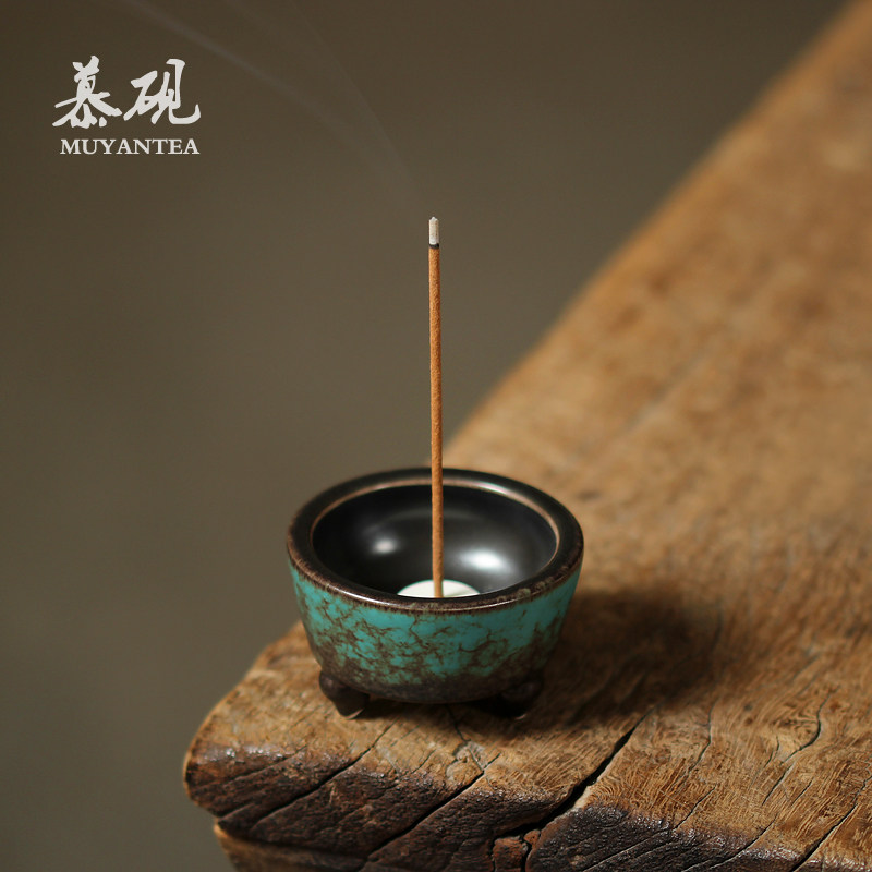 慕砚 日式小香炉手作粗陶窑变三足香插 禅意茶道线香小香立熏香炉