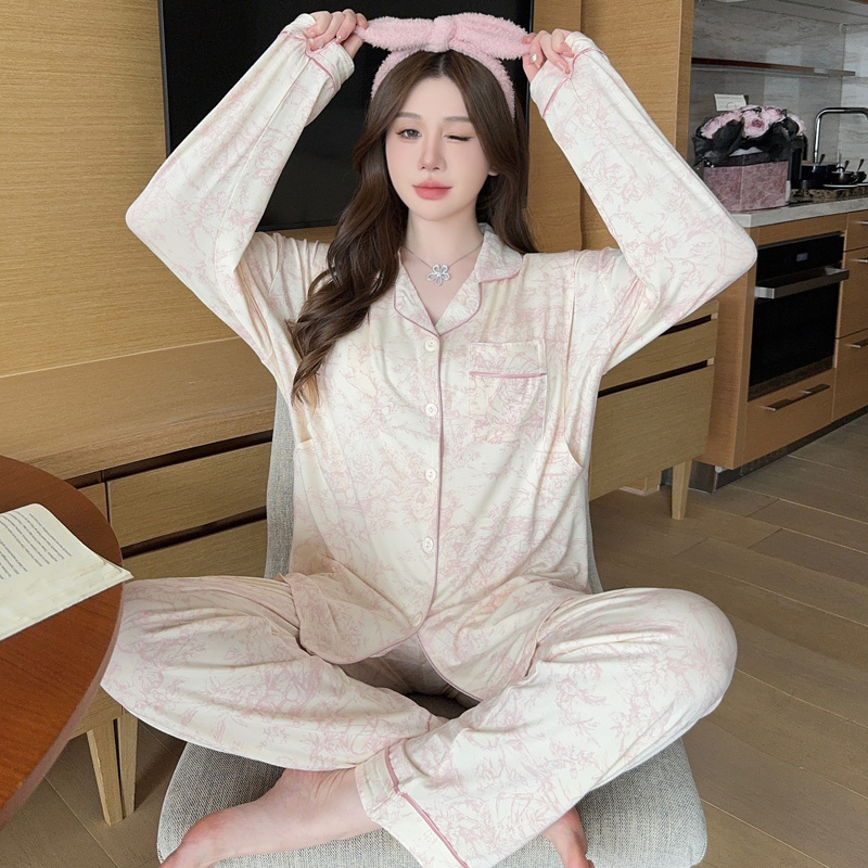 莫代尔孕妇睡衣春秋季产后哺乳开衫宽松待产夏款薄款带胸垫月子服