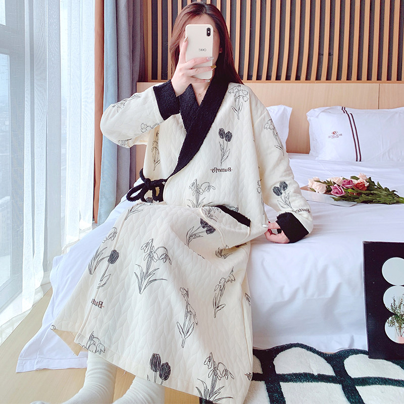 秋冬款空气棉睡裙女产后薄款夹棉哺乳月子服睡袍冬季加厚孕妇睡衣
