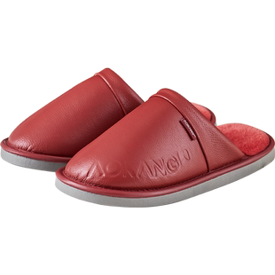 奥康真皮拖鞋女家用冬季加绒保暖头层牛皮棉拖鞋男室内防滑拖鞋