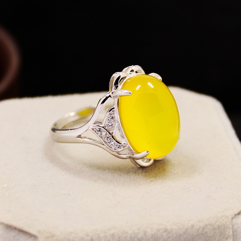 S925纯银戒指空托时尚女款四爪DIY蜜蜡松石琥珀玉石镶嵌活口12*16