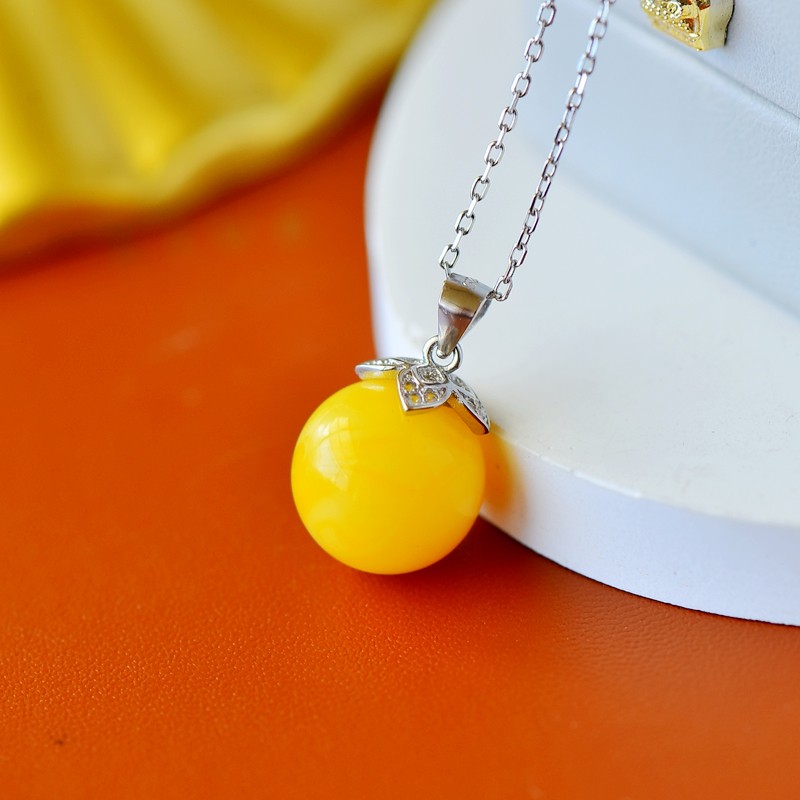 S925纯银圆珠吊坠沾扣空托时尚女款DIY蜜蜡松石玉石珍珠水晶镶嵌