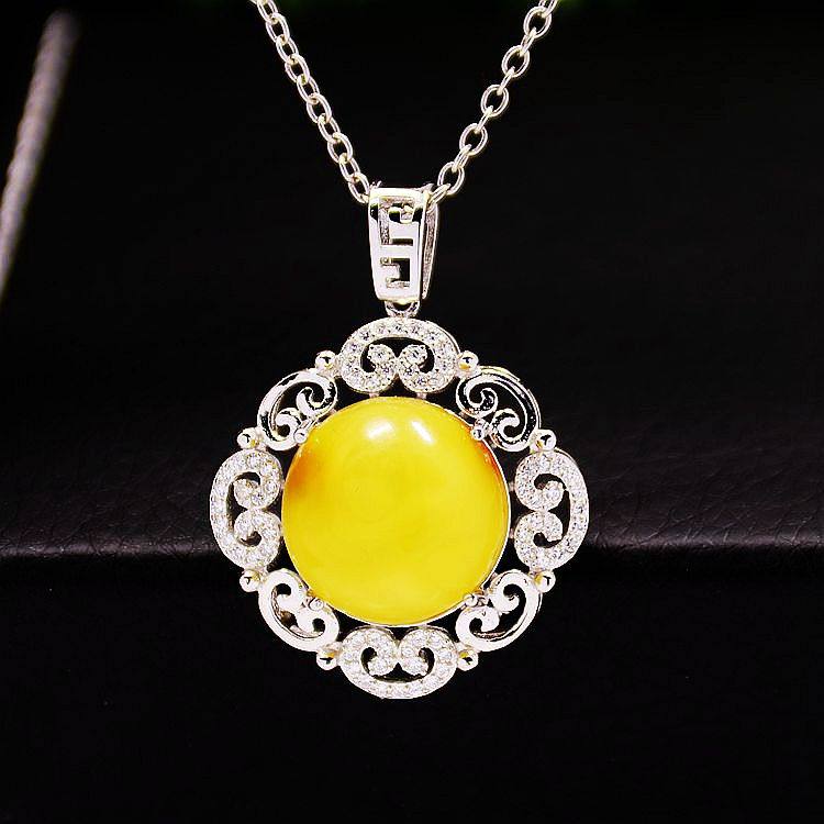 S925纯银吊坠空托女款圆形蛋面可装圆珠DIY蜜蜡松石琥珀镶嵌15*15